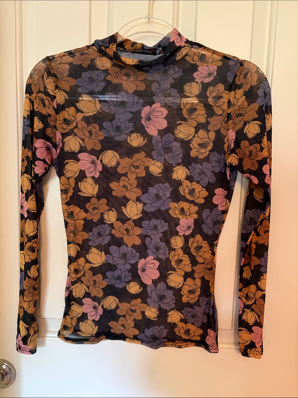 Nasty Gal Black Sheer Floral Mock Neck Top with Brown, Purple & Pink Flowers